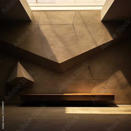 Architectural space with natural stone walls, geometrical shapes, wooden bench, and daylight coming from skylight in the ceiling. Minimalist contemporary interior design.