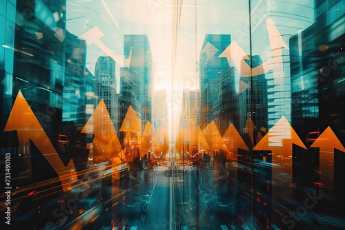 Double exposure reveals the interwoven beauty of abstract city and upward arrows in daylight.