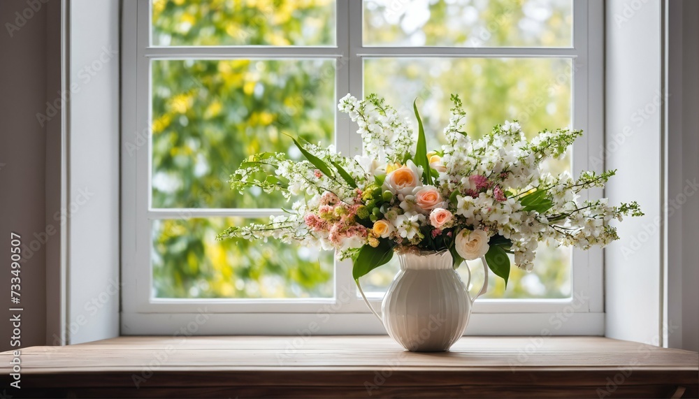 Fresh flowers on a wooden table against a large white window, ideal for springtime decoration
