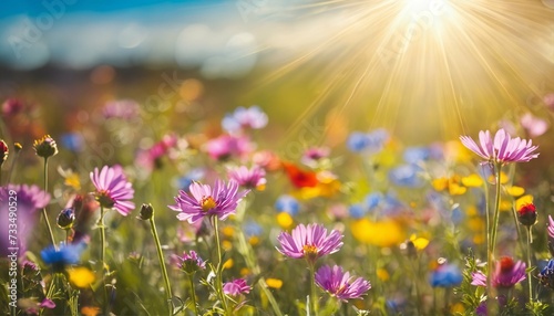Nature banner of a colorful meadow, sunbeams, blue sky, and bokeh lights, perfect for summer and spring themes