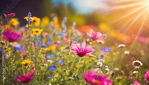 Sunlit colorful flower meadow with blue sky and bokeh lights  summer nature background with space for text