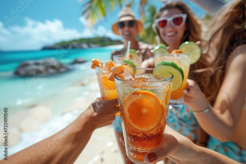 Friends drink cocktails by sea side on summer vacation and have fun together.