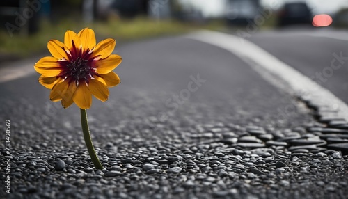 Close up resilient flower breaking through asphalt demonstrating nature's strength