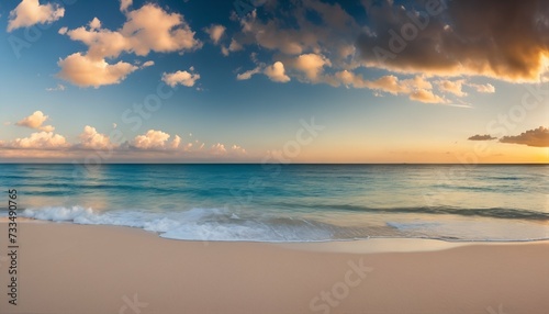 Wide horizon at a tropical beach, capturing the serene meeting of sky and sea in a panoramic seascape