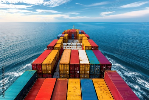 At sea, a cargo ship's deck showcases a colorful array of shipping containers on its journey.