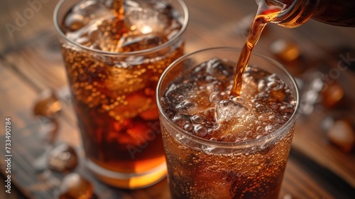 Glass of cola drink on bar counter with ice cubes and splash