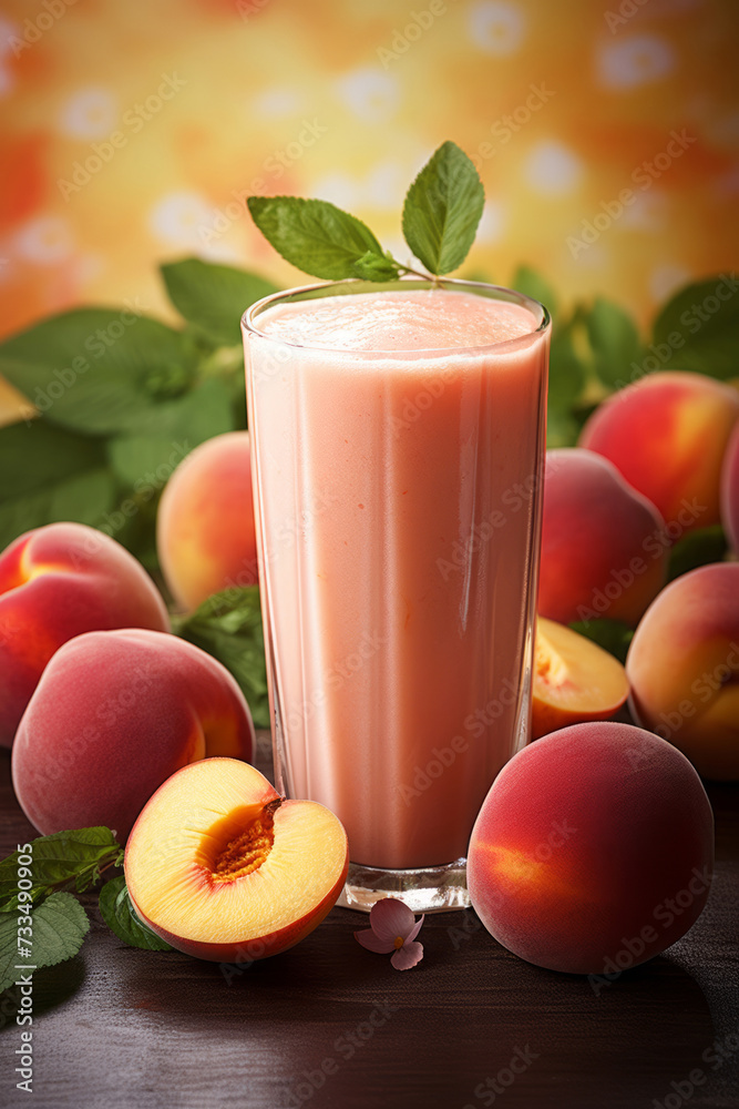 Peach smoothie in tall glasses on wooden table with fresh peaches Peach smoothie in tall glasses on wooden table with fresh peaches