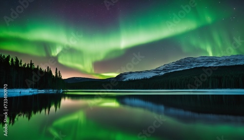 Breathtaking view of the northern lights above a tranquil lake, set against a forested background