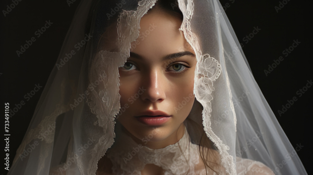 Portrait of a pretty young bride with a white veil on her head