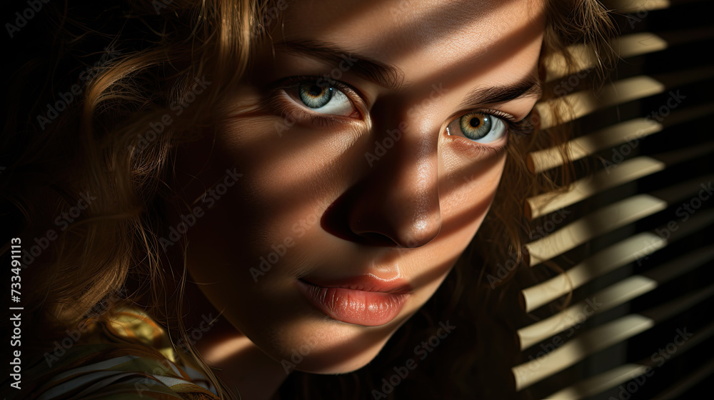 Portrait of a young woman in front of a blinds window with shadow streaks on her face Portrait of a young woman in front of a blinds window with shadow streaks on her face