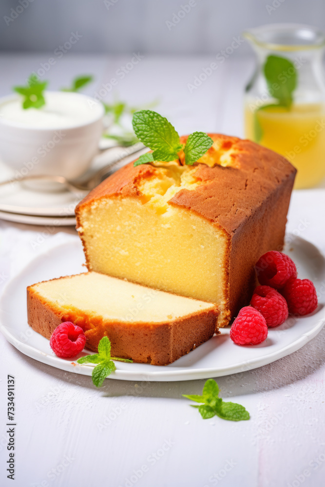 Pound cake sliced on wooden board in white modern kitchen with fresh raspberries and mint leaves Pound cake sliced on wooden board in white modern kitchen with fresh raspberries and mint leaves