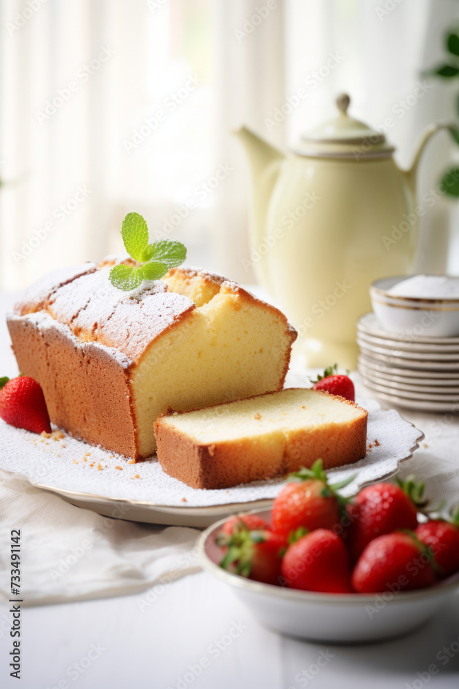 Pound cake sliced on wooden board in white modern kitchen