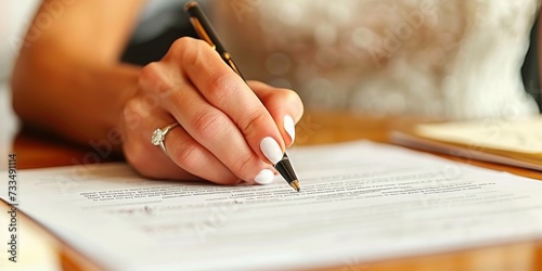 A Bride Signs Her Marriage Contract, Symbolizing the Legal and Emotional Commitment of Matrimony, With Wedding Rings in Focus, Generative AI