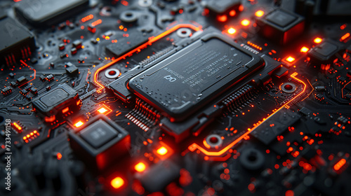 A close-up of a wet circuit board illuminated by red lights  photo