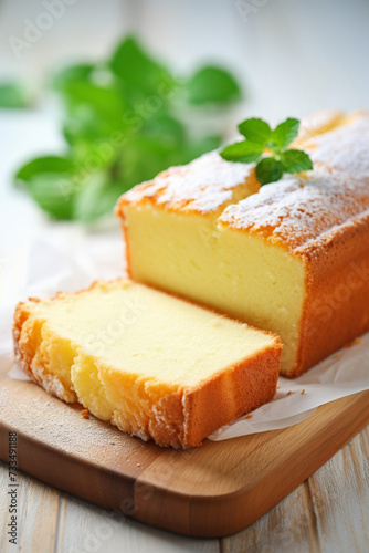 Pound cake sliced on wooden board in white modern kitchen