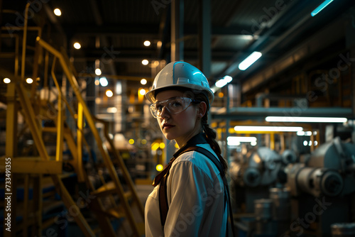 Portrait of female industrial engineer, with white hard hat standing in a heavy industrial factory.