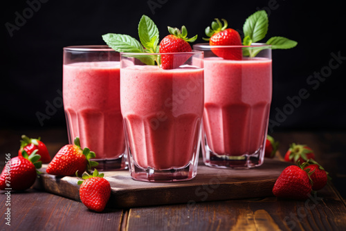 Strawberry smoothie in glasses on wooden table kitchen with fresh berries