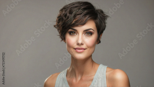Portrait of a beautiful woman with short hair on gray background