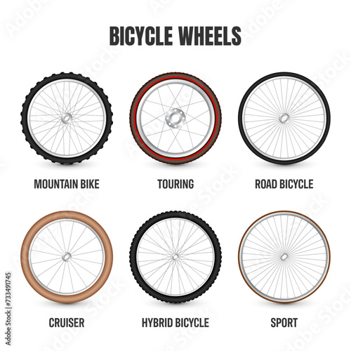Realistic 3d bicycle wheels. Bike rubber tyres, shiny metal spokes and rims. Fitness cycle, touring, sport, road and mountain bike. Vector illustration
