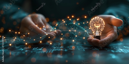 Hands Holding a Glowing Lightbulb Surrounded by Virtual Icons of Data, Strategy, and Innovation, Generative AI