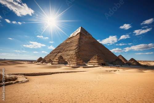 Pyramid rising against a vibrant desert noon time