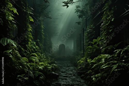 Mysterious and atmospheric scene of a foggy jungle