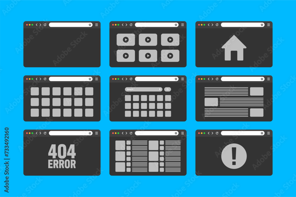 Web browser window, pages layout with toolbar and search field. Modern website, internet page in flat style. Browser mockup for computer, tablet and smartphone. Adaptive UI. Vector illustration Web browser window, pages layout with toolbar and search field. Modern website, internet page in flat style. Browser mockup for computer, tablet and smartphone. Adaptive UI. Vector illustration