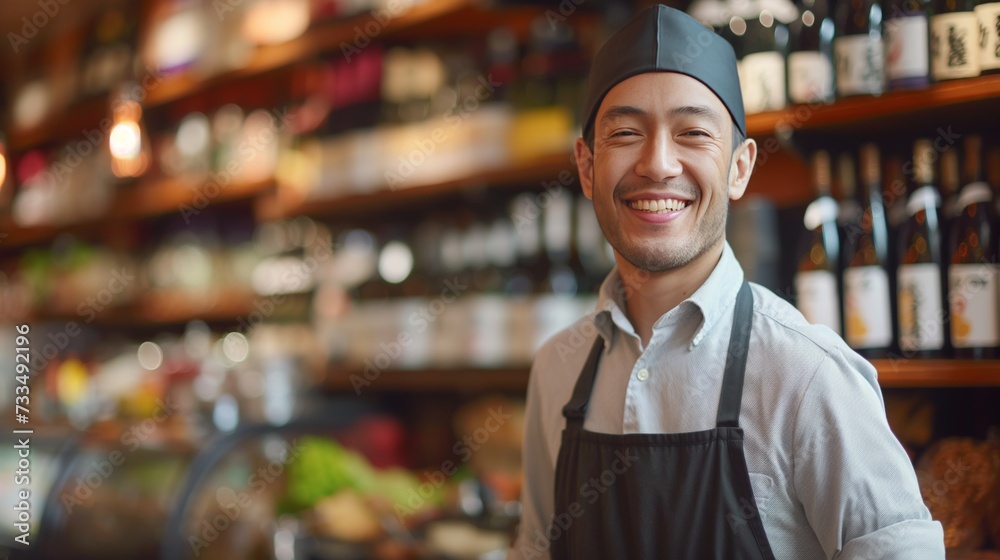 Portrait of smiling Japanese staff in apron standing in sake shop.