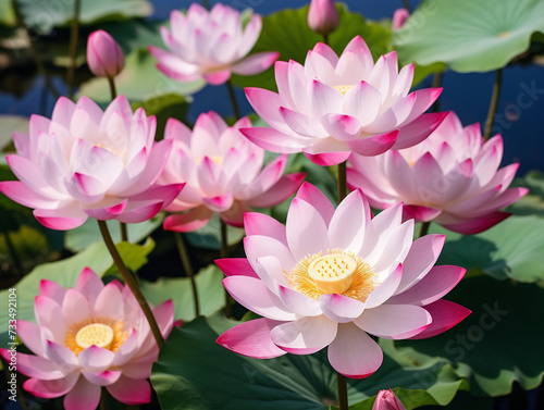 A serene pond showcasing multiple exquisite lotus flowers, captivated by their elegance and vibrancy.
