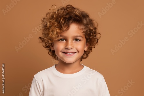 smiling little boy in white t-shirt looking at camera isolated on brown