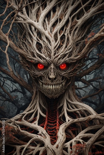 Scary tree branches monster in the forest. 3D illustration. Horror demon concept. Generative AI.