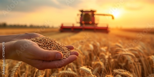 A man holds golden ears of wheat against the background of a ripening field.