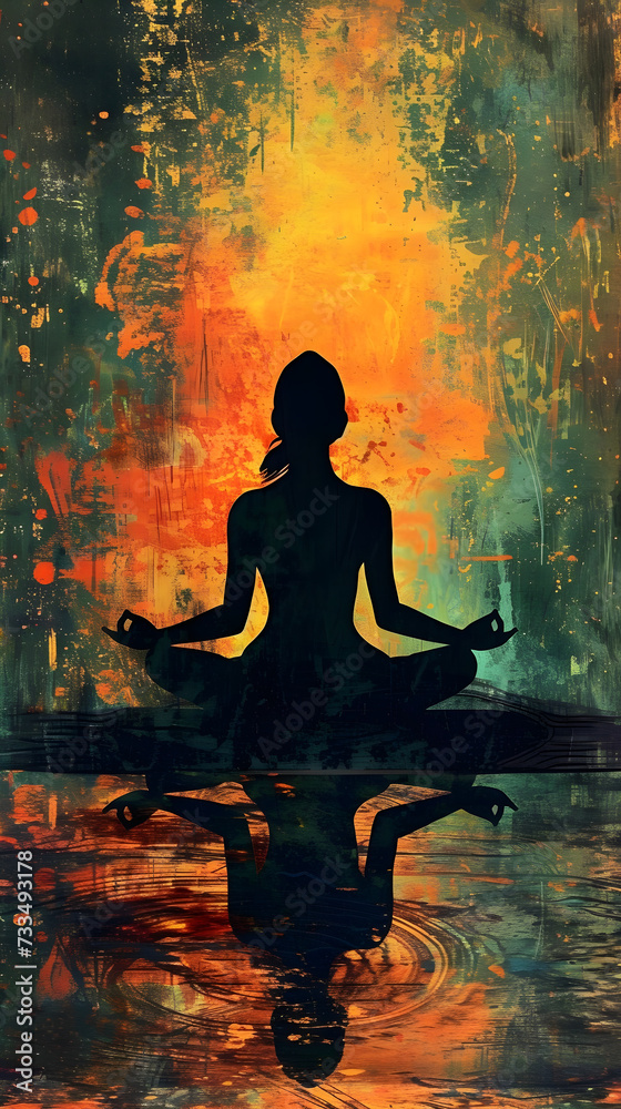 Concept of Inner Peace and Balance: Silhouette of Woman Meditating in Lotus Position Against Vibrant Abstract Background Reflecting Tranquility and Harmony