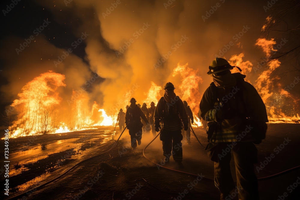 Firefighters in full gear bravely battling a raging fire