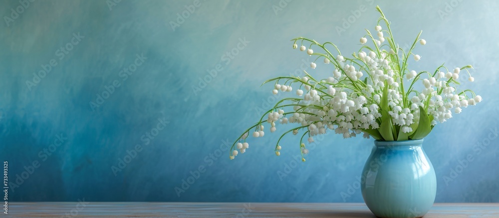 White lily of the valley bouquet in a blue gradient vase. - obrazy, fototapety, plakaty 