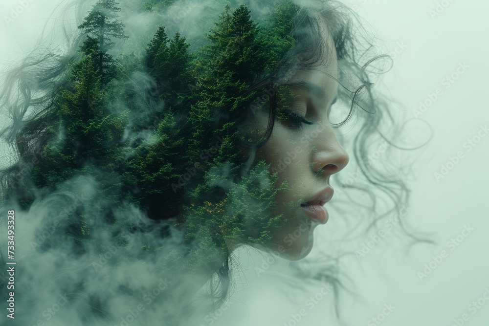 Tree heads in the sky, in the style of double exposure, nature and landscape portraits, photo editing and concept photography Tree heads in the sky, in the style of double exposure, nature and landscape portraits, photo editing and concept photography