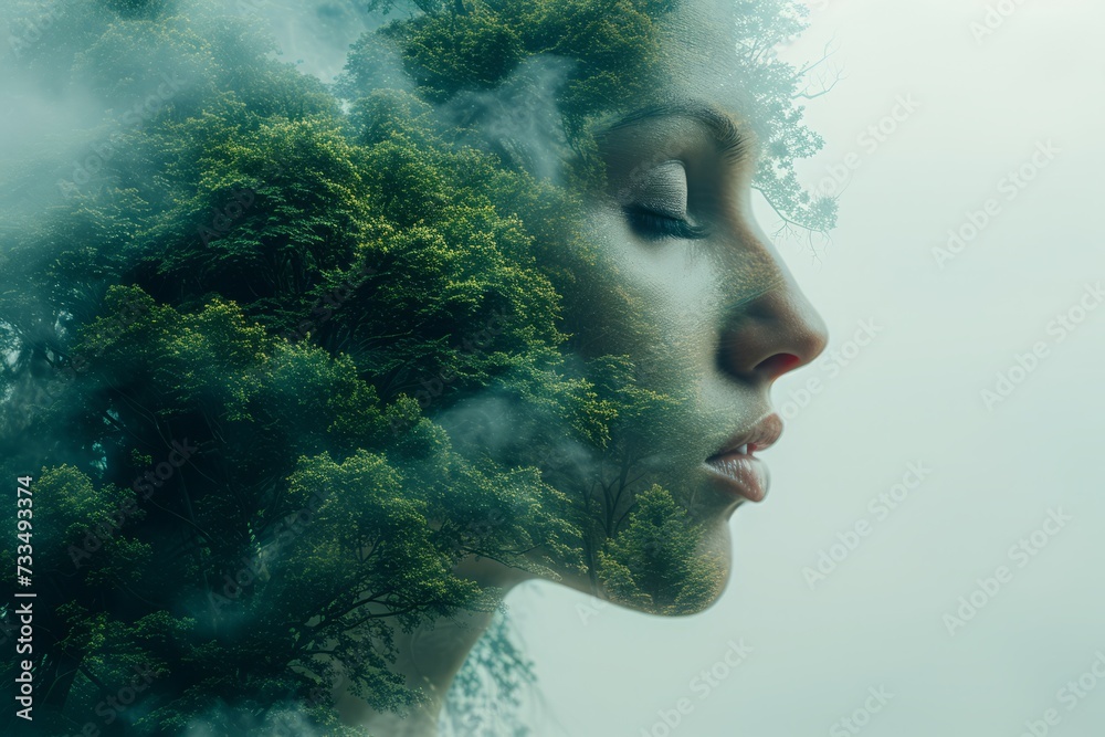 Tree heads in the sky, in the style of double exposure, nature and landscape portraits, photo editing and concept photography Tree heads in the sky, in the style of double exposure, nature and landscape portraits, photo editing and concept photography
