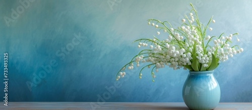 White lily of the valley bouquet in a blue gradient vase. photo