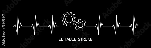 Editable lines heart rhythm illustration with gears cogwheel, heartbeat line vector design to use in healthcare, medical business, healthy lifestyle, medicine and ekg concept illustration projects. 
