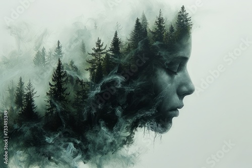 Tree heads in the sky, in the style of double exposure, nature and landscape portraits, photo editing and concept photography photo