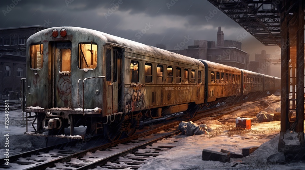Obraz premium Abandoned Train Station at Winter Snowy Frozen Night