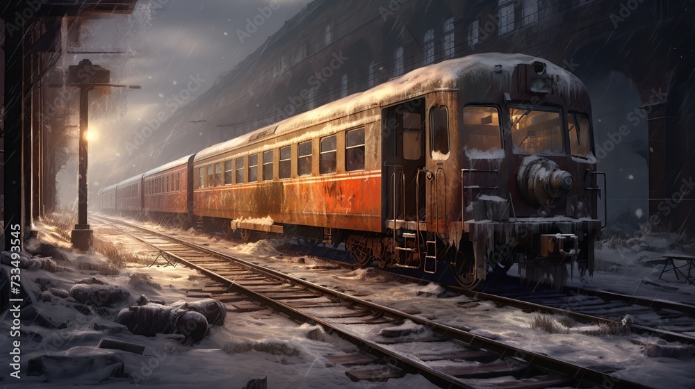 Abandoned Train Station at Winter Snowy Frozen Night