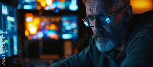 A man with electric blue glasses is watching a display device in a dark room at midnight, enjoying entertainment from a fictional character on the machine.