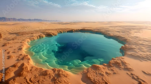 a small pool of water surrounded by desert sand

