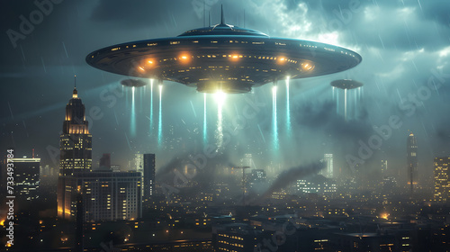 Concept of Mystery and Intrigue: Cinematic Cityscape under the Glow of Hovering UFOs Alien in a Rainstorm, Depicting Extraterrestrial Encounter and Atmospheric Depth © Jose