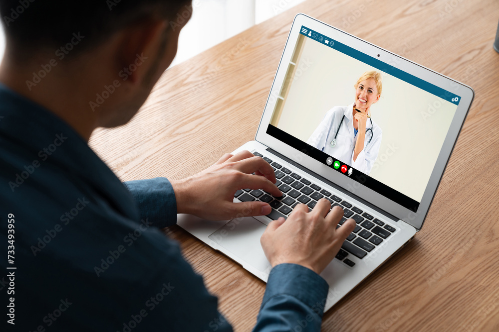 Doctor video call online by modish telemedicine software application for virtual meeting with patient