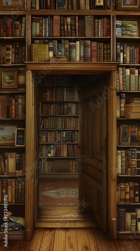 Concept of Intellectual Discovery and Mystery  Elegant Wooden Bookshelf as Secret Door Leading to Another Room Revealing Mysterious Section  Symbolizing Wisdom  Timelessness  and Nostalgia