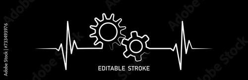 Editable lines heart rhythm illustration with gears cogwheel, heartbeat line vector design to use in healthcare, medical business, healthy lifestyle, medicine and ekg concept illustration projects. 