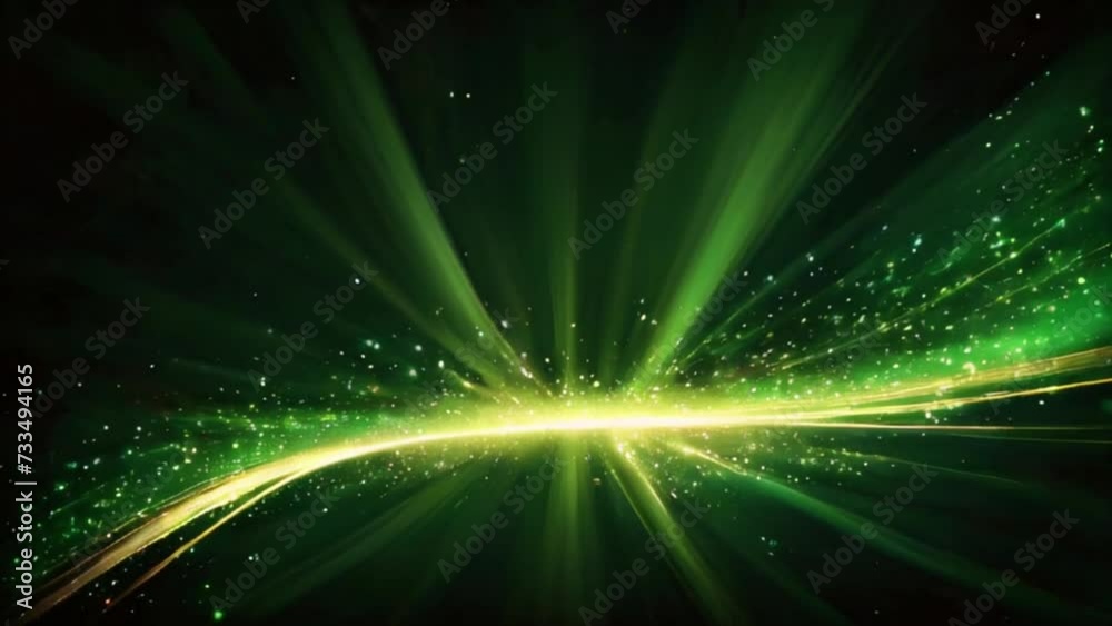 Asymmetric green light burst, abstract beautiful rays of lights on dark