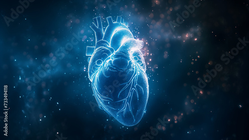 blue color photo of an illustration featuring a x-ray  human heart, healthy, medical concept photo